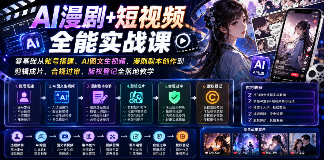 AI漫剧+短视频全能实战课｜零基础从账号搭建、AI图文生视频、漫剧剧本创作到剪辑成片、合规过审、版权登记全落地教学-二当家网创资源站