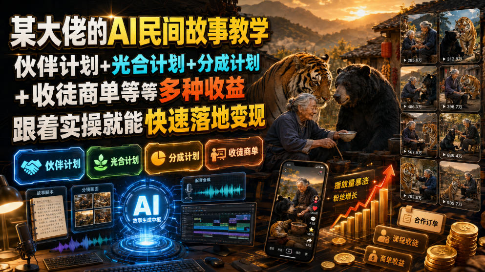 某大佬的AI民间故事教学，伙伴计划+光合计划+分成计划+收徒商单等多种收益，跟着实操就能快速落地变现-二当家网创资源站