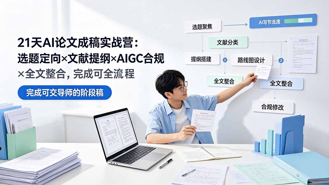 21天AI论文成稿实战营：选题定向×文献提纲×AIGC合规×全文整合，完成可交导师的阶段稿-二当家网创资源站