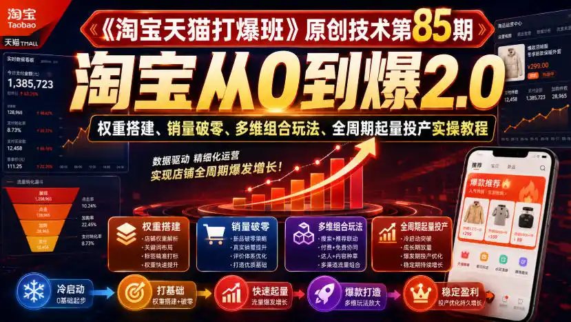 《淘宝天猫打爆班》原创技术第85期,淘宝从0到爆2.0,权重搭建、销量破零、多维组合玩法、全周期起量投产实操教程-二当家网创资源站
