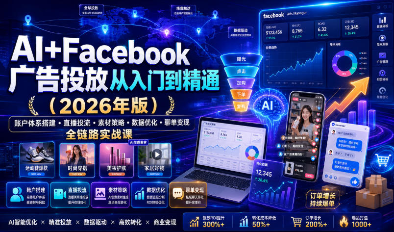 AI+Facebook广告投放从入门到精通(2026年版)｜账户体系搭建・直播投流・素材策略・数据优化・聊单变现全链路实战课-二当家网创资源站