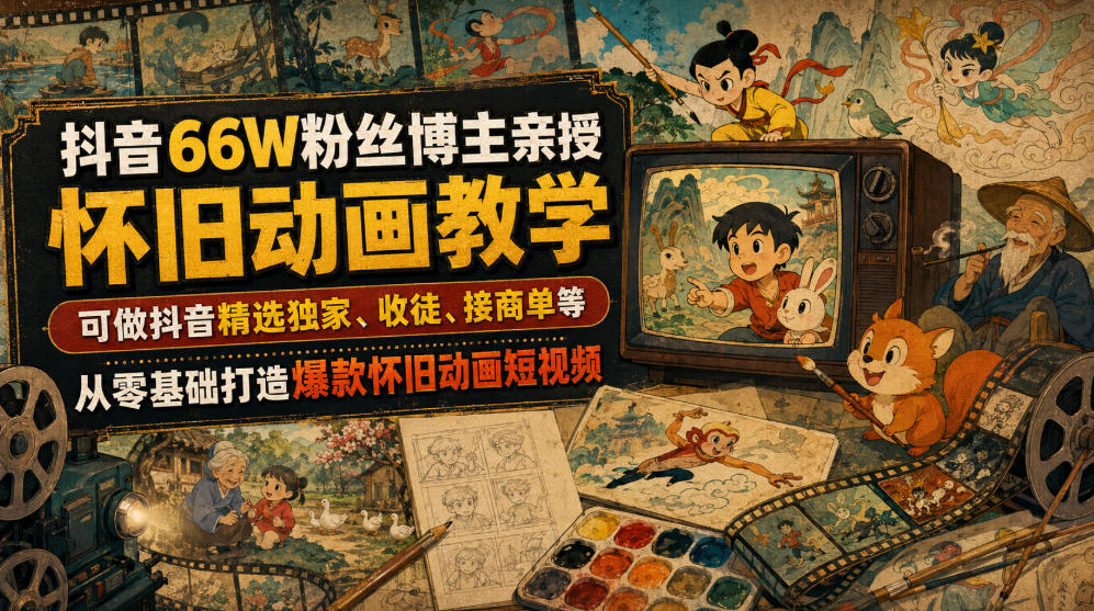 抖音66W粉丝博主亲授怀旧动画教学，可做抖音精选独家、收徒、接商单等，从零基础打造爆款怀旧动画短视频-二当家网创资源站