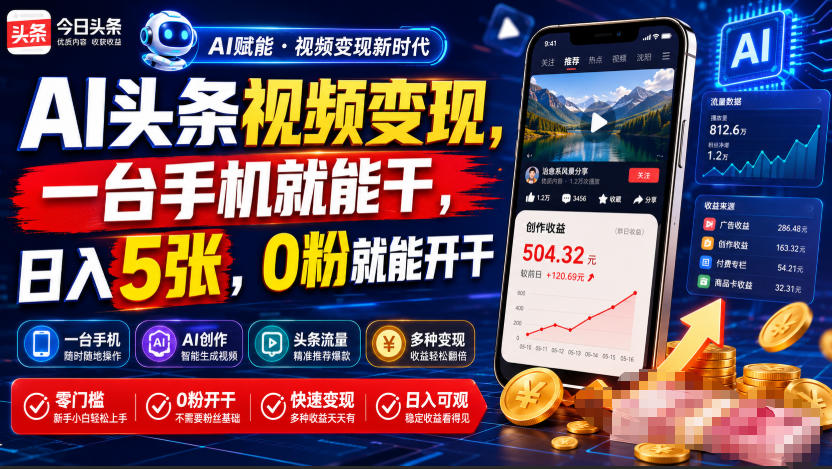 AI头条视频变现，一台手机就能干，日入5张，0粉就能开干-二当家网创资源站