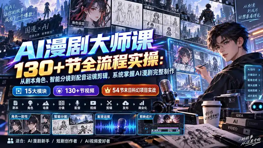 AI漫剧大师课130+节全流程实操:从剧本角色、智能分镜到配音运镜剪辑,系统掌握AI漫剧完整制作-二当家网创资源站