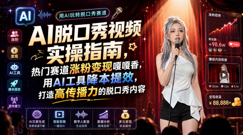 AI脱口秀视频实操指南,热门赛道涨粉变现嘎嘎香,用AI工具降本提效,打造高传播力的脱口秀内容-二当家网创资源站