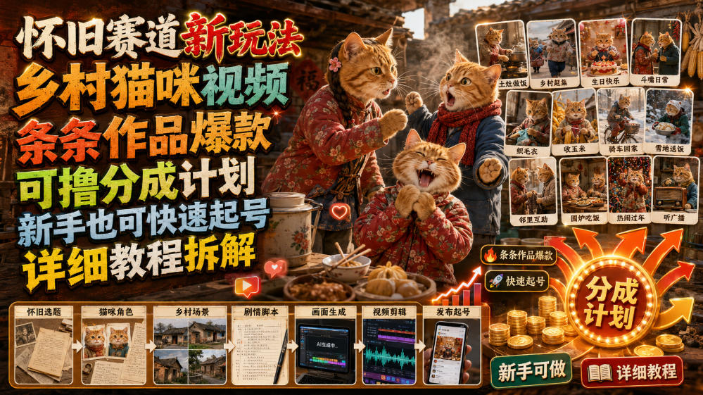 怀旧赛道新玩法，乡村猫咪视频，条条作品爆款，可撸分成计划，新手也可快速起号，详细教程拆解-二当家网创资源站
