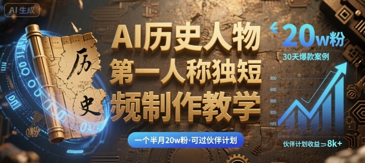 最新AI历史人物第一人称独白短视频制作教学，一个半月20w粉，可过伙伴计划-二当家网创资源站