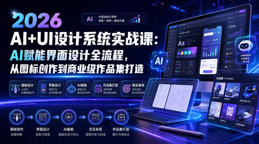 2026 AI+UI设计系统实战课:AI赋能界面设计全流程,从图标创作到商业级作品集打造-二当家网创资源站