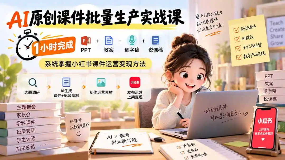 AI原创课件批量生产实战课:1小时完成PPT+教案+逐字稿+说课稿,系统掌握小红书课件运营变现方法-二当家网创资源站