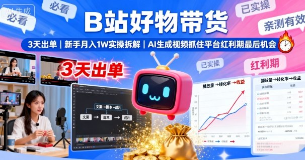B站好物带货，3天出单，新手月入1W实操拆解，AI生成视频，抓住平台红利期最后机会-二当家网创资源站
