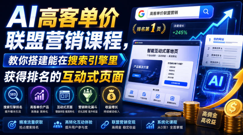 AI高客单价联盟营销课程，教你搭建能在搜索引擎里获得排名的互动式页面，引来流量，把访客转化为高佣金的成交【原创双语字幕】-二当家网创资源站
