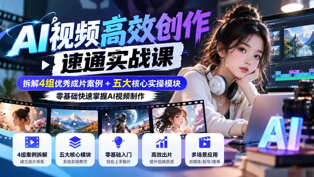 【无水印】AI视频高效创作速通实战课：拆解4组优秀成片案例+五大核心实操模块，零基础快速掌握AI视频制作-二当家网创资源站