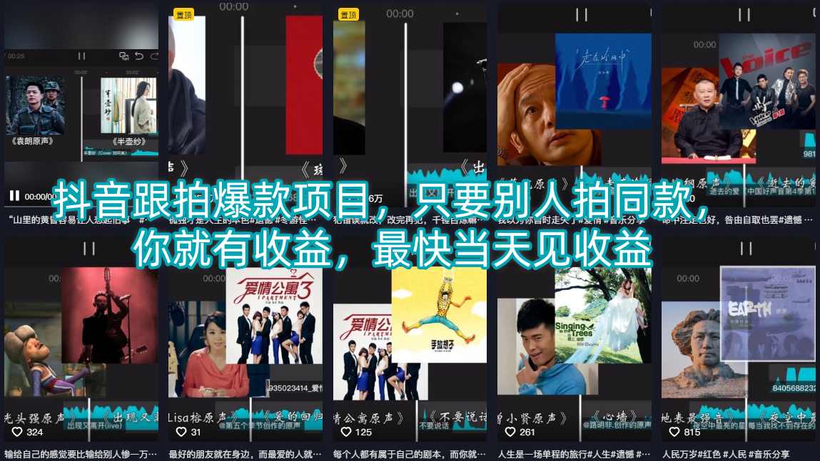 抖音跟拍爆款项目，只要别人拍同款，你就有收益，最快当天见收益-二当家网创资源站