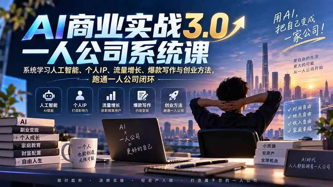 AI商业实战3.0一人公司系统课:系统学习人工智能、个人IP、流量增长、爆款写作与创业方法,跑通一人公司闭环-二当家网创资源站