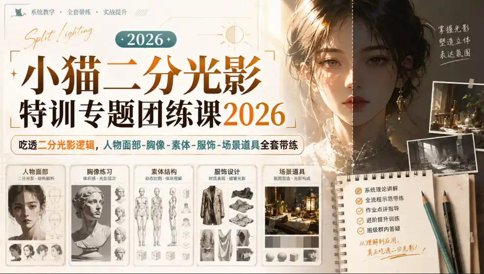 小猫二分光影特训专题团练课2026|吃透二分光影逻辑,人物面部‑胸像‑素体‑服饰‑场景道具全套带练,高清画质附赠课件与笔刷-二当家网创资源站