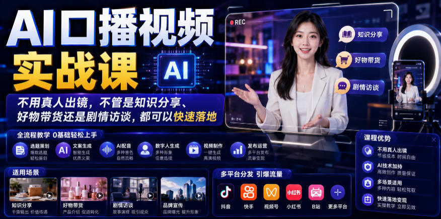 AI口播视频实战课，不用真人出镜，不管是知识分享、好物带货还是剧情访谈，都可以快速落地-二当家网创资源站