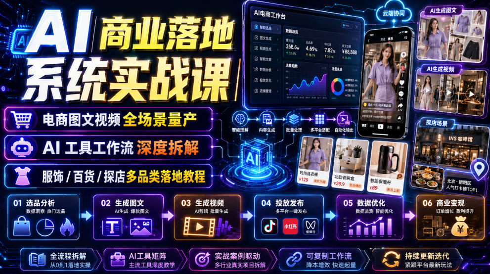 AI商业落地系统实战课｜电商图文视频全场景量产・AI工具工作流深度拆解・服饰/百货/探店多品类落地教程-二当家网创资源站