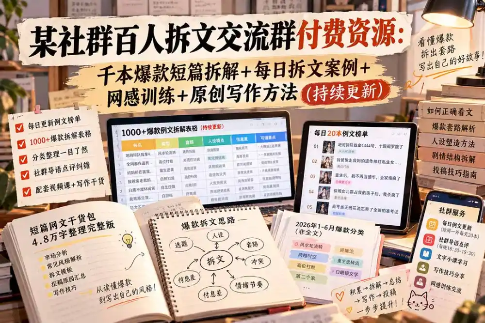 某社群百人拆文交流群付费资源-更新0929:千本爆款短篇拆解+每日拆文案例+网感训练+原创写作方法-二当家网创资源站