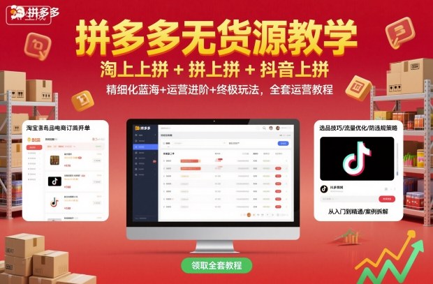 拼多多无货源教学，淘上拼+拼上拼+抖上拼，精细化蓝海+运营进阶+终极玩法，全套运营教程-二当家网创资源站