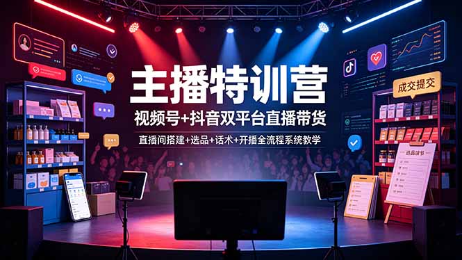 主播特训营：视频号+抖音双平台直播带货，直播间搭建+选品+话术+开播全流程系统教学-二当家网创资源站