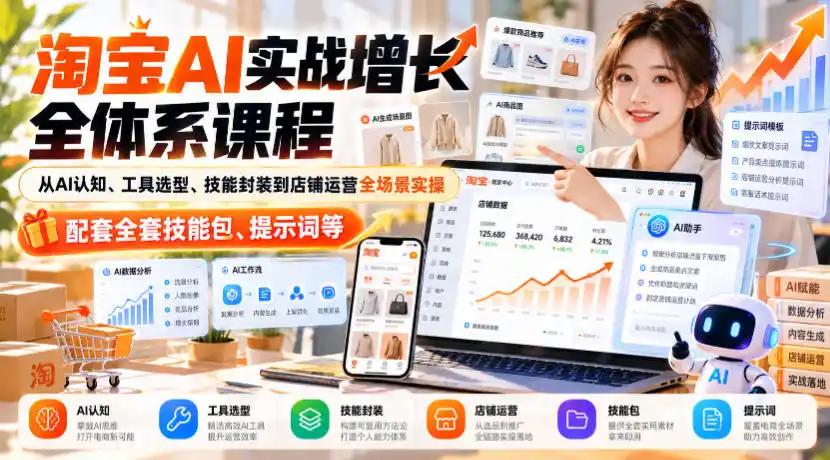 淘宝AI实战增长全体系课程,从AI认知、工具选型、技能封装到店铺运营全场景实操,配套全套技能包、提示词等-二当家网创资源站
