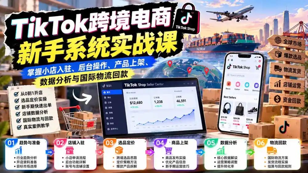 TikTok跨境电商新手系统实战课:掌握小店入驻、后台操作、产品上架、数据分析与国际物流回款-二当家网创资源站