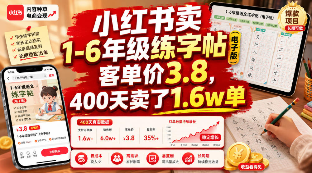 小红书卖1-6年级练字帖(电子版)，客单价3.8，400天卖了1.6w单-二当家网创资源站