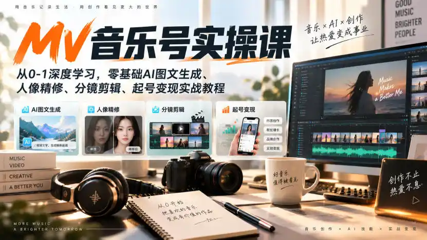AI MV音乐号实操课,从0-1深度学习,零基础AI图文生成、人像精修、分镜剪辑、起号变现实战教程-二当家网创资源站