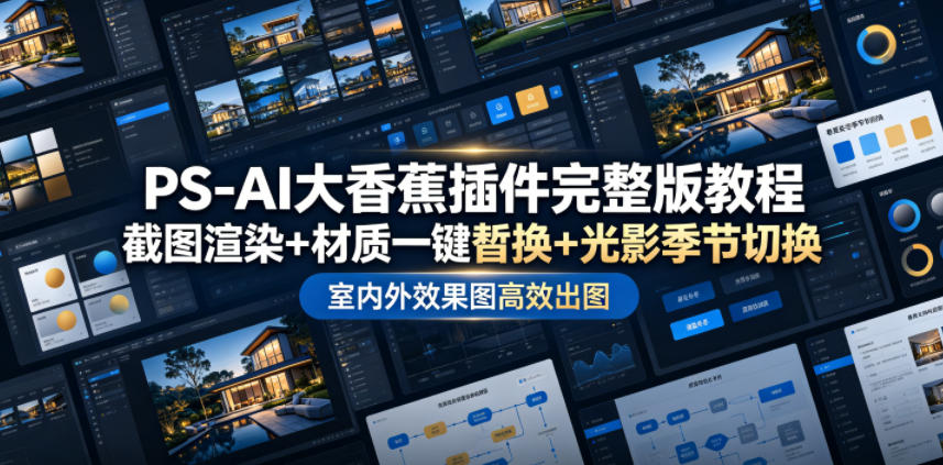 PS-AI大香蕉插件完整版教程，截图渲染+材质一键替换+光影季节切换，室内外效果图高效出图高阶课程-二当家网创资源站