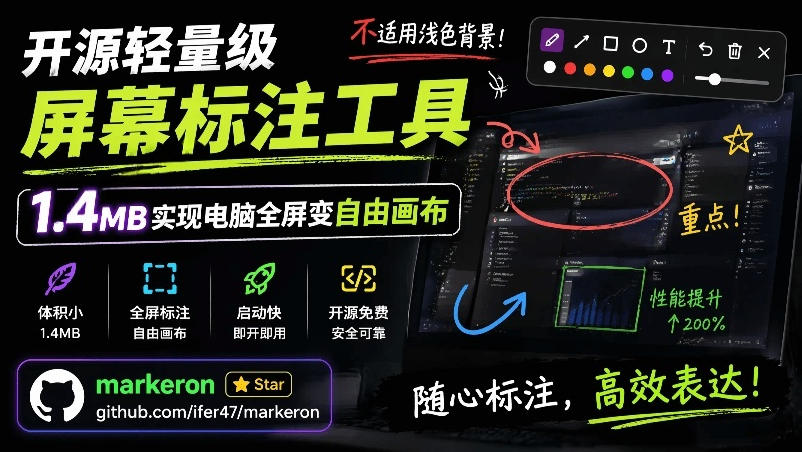 开源轻量级屏幕标注工具,1.4MB实现电脑全屏变自由画布!支持8种标注工具和全键盘操控MarkerOn-二当家网创资源站