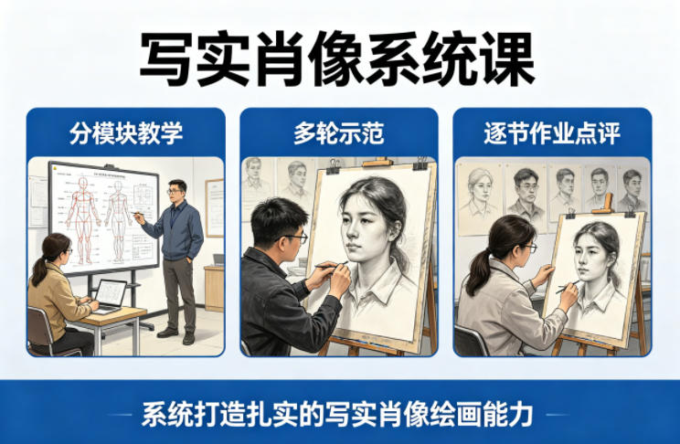 写实肖像系统课，全程分模块教学+多轮示范+逐节作业点评，系统打造扎实的写实肖像绘画能力-二当家网创资源站