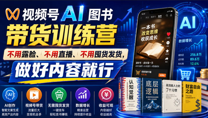 视频号AI图书带货训练营，不用露脸、不用直播、不用囤货发货，做好内容就行，一条爆款视频佣金8942-二当家网创资源站