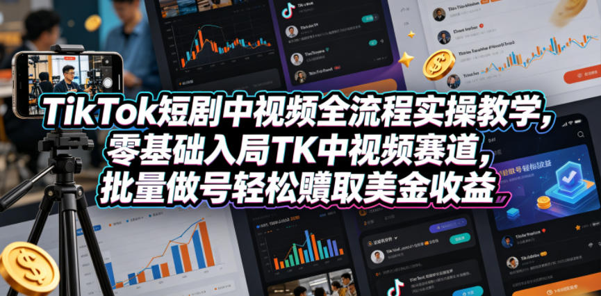 TikTok短剧中视频全流程实操教学,零基础入局TK中视频赛道,批量做号轻松賺取美金收益-二当家网创资源站