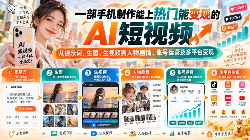 【无水印】一部手机制作能上热门能变现的AI短视频,从提示词、生图、生视频到人物剧情、账号运营及多平台变现-二当家网创资源站
