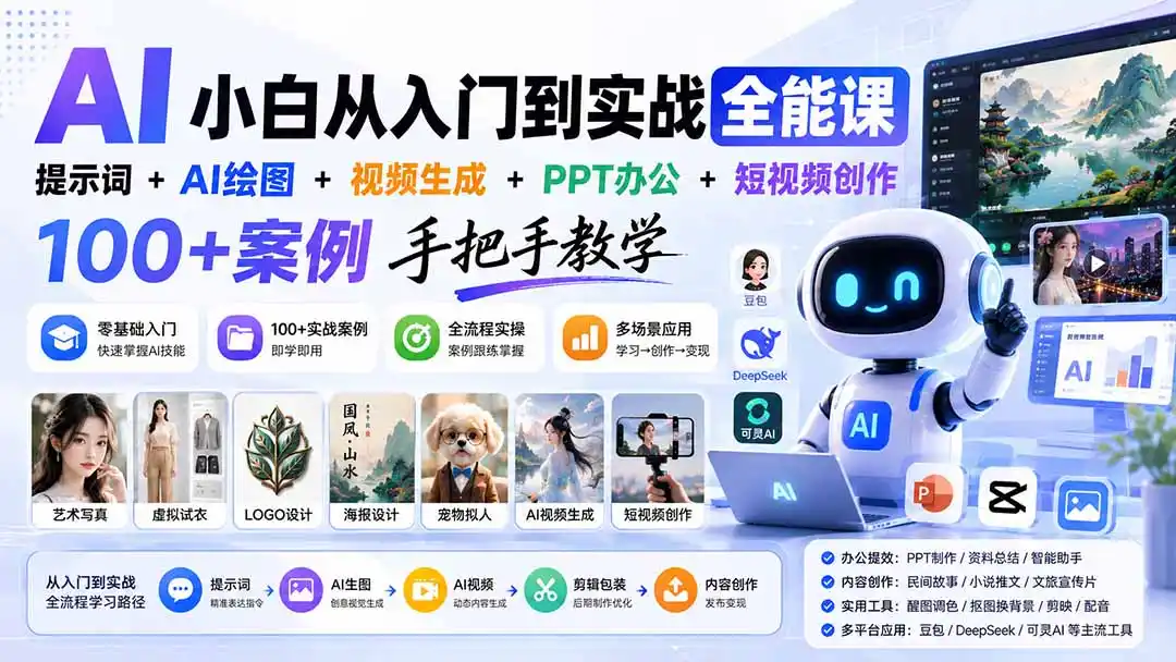 AI小白从入门到实战全能课：提示词+AI绘图+视频生成+PPT办公+短视频创作，100+案例手把手教学-二当家网创资源站