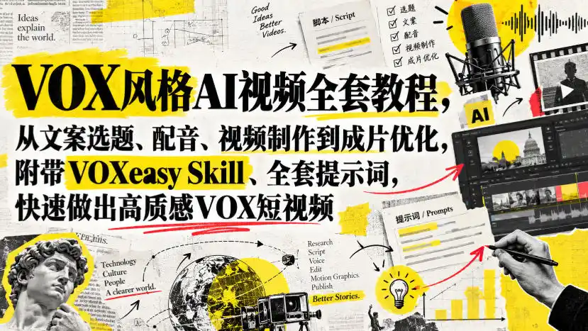 VOX风格AI视频全套教程,从文案选题、配音、视频制作到成片优化,附带VOXeasy Skill、全套提示词,快速做出高质感VOX短视频-二当家网创资源站