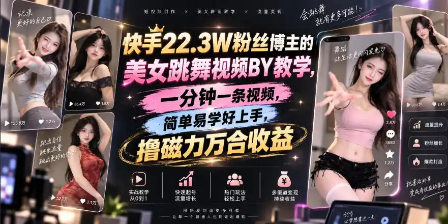快手22.3W粉丝博主的美女跳舞视频搬运教学,快手MT搬运,一分钟一条视频,简单易学好上手,撸磁力万合收益-二当家网创资源站