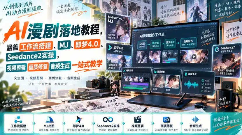 AI漫剧落地教程,涵盖工作流搭建、MJ、即梦4.0、Seedance2实操,视频剪辑画质修复音频生成一站式教学-二当家网创资源站