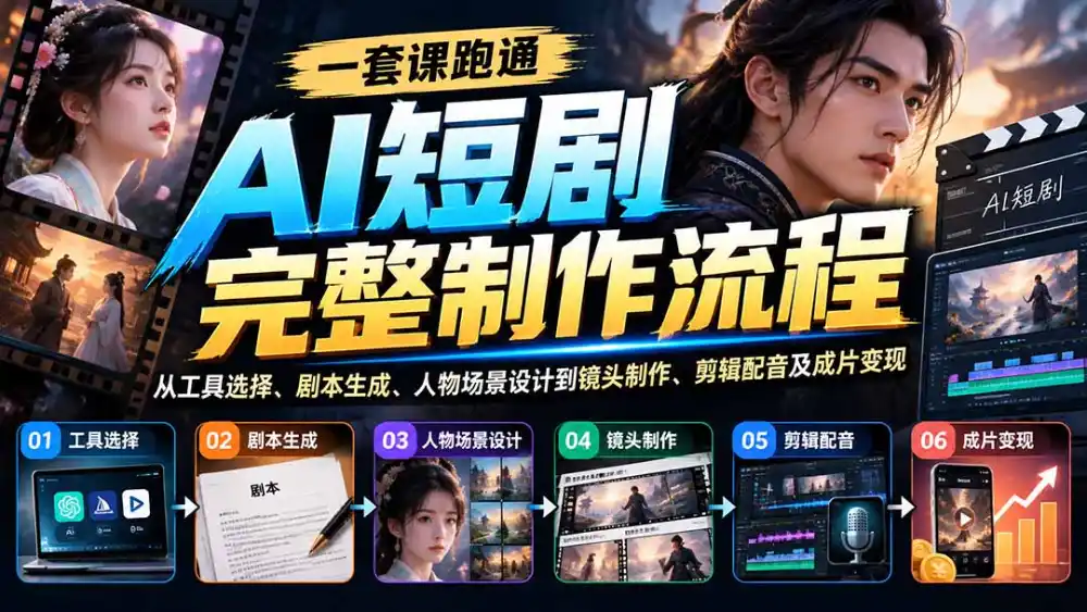 一套课跑通AI短剧完整制作流程:从工具选择、剧本生成、人物场景设计到镜头制作、剪辑配音及成片变现-二当家网创资源站
