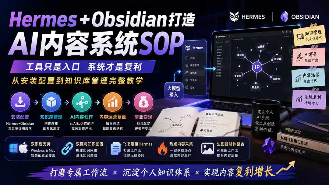 Hermes+Obsidian打造AI内容系统SOP;工具只是入口系统才是复利,从安装配置到知识库管理完整教学-二当家网创资源站