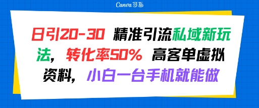 日引 20-30 精准引流私域新玩法，转化率50% 高客单虚拟资料，小白一台手机就能做-二当家网创资源站