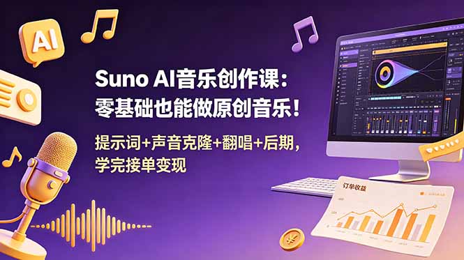 Suno AI音乐创作课:零基础也能做原创音乐!提示词+声音克隆+翻唱+后期,学完接单变现-二当家网创资源站