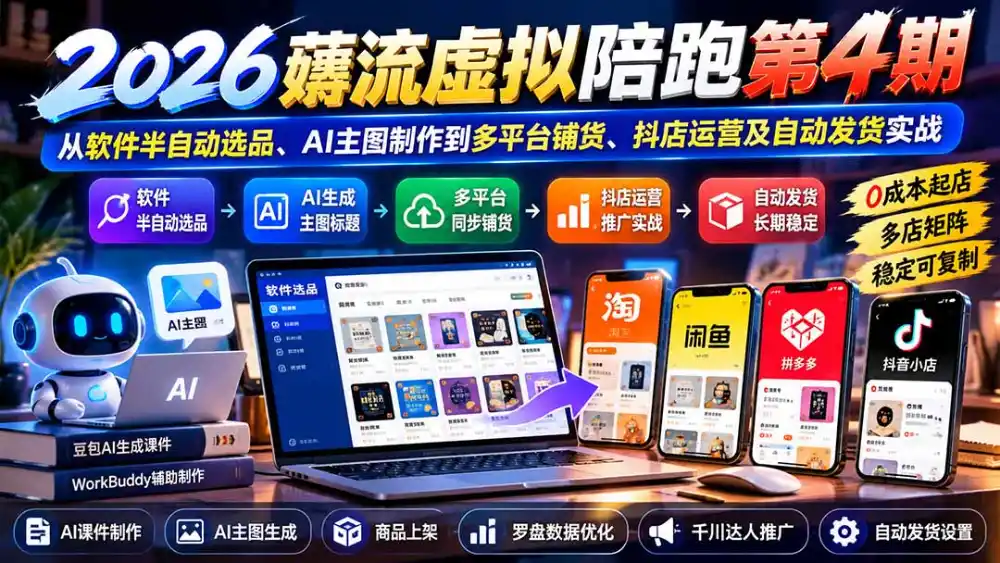 2026薅流虚拟陪跑第4期：从软件半自动选品、AI主图制作到多平台铺货、抖店运营及自动发货实战-二当家网创资源站