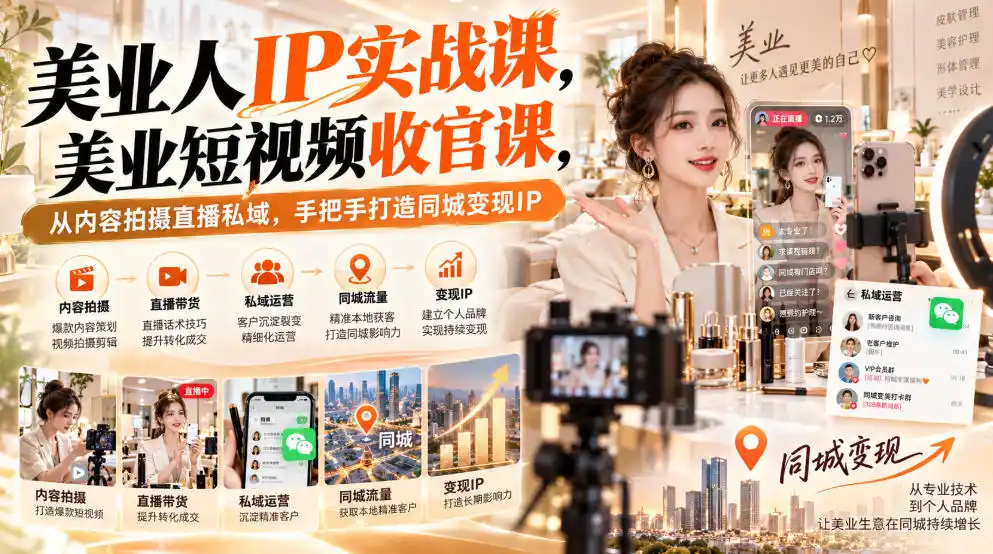 【无水印】美业人IP实战课,美业短视频收官课,从内容拍摄直播私域,手把手打造同城变现IP-二当家网创资源站