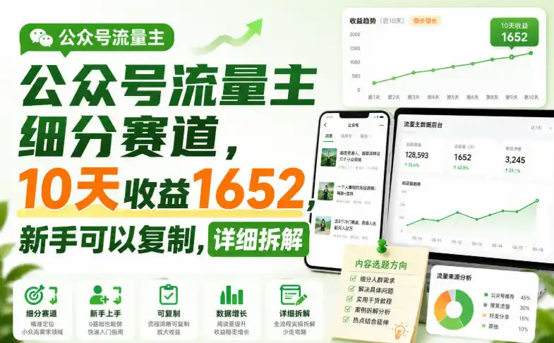 公众号流量主细分赛道，10天收益1652，新手可以复制，详细拆解-二当家网创资源站