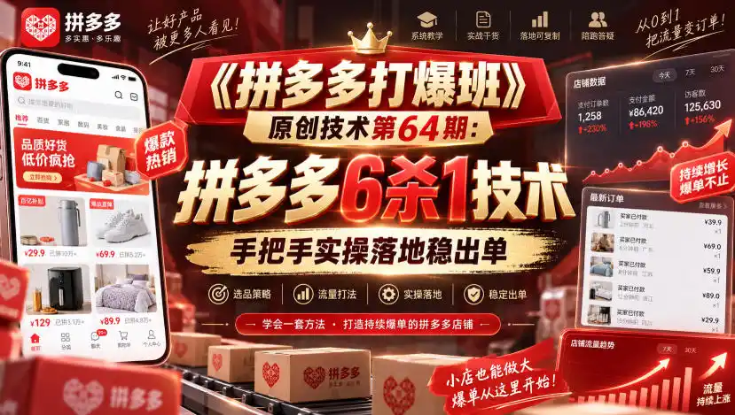 《拼多多打爆班》原创技术第64期:拼多多6杀1技术,手把手实操落地稳出单-二当家网创资源站