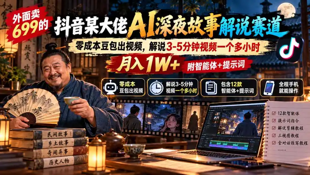 外面卖699抖音某大佬AI深夜故事解说赛道-更新：0成本豆包出视频+解说3-5分钟视频一个多小时，月入1W+附智能体+提示词-二当家网创资源站