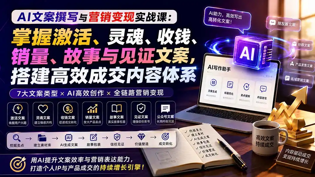 AI文案撰写与营销变现实战课：掌握激活、灵魂、收钱、销量、故事与见证文案，搭建高效成交内容体系-二当家网创资源站