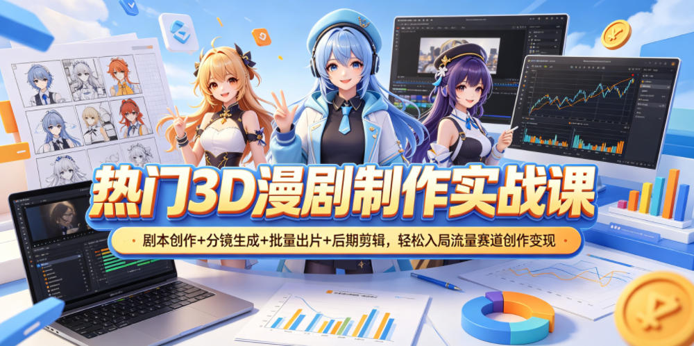 热门3D漫剧制作实战课,剧本创作+分镜生成+批量出片+后期剪辑,轻松入局流量赛道创作变现-二当家网创资源站
