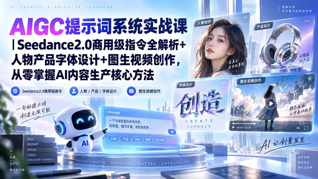 AIGC提示词系统实战课-无水印｜Seedance2.0商用级指令全解析+人物产品字体设计+图生视频创作，掌握AI内容生产方法-二当家网创资源站